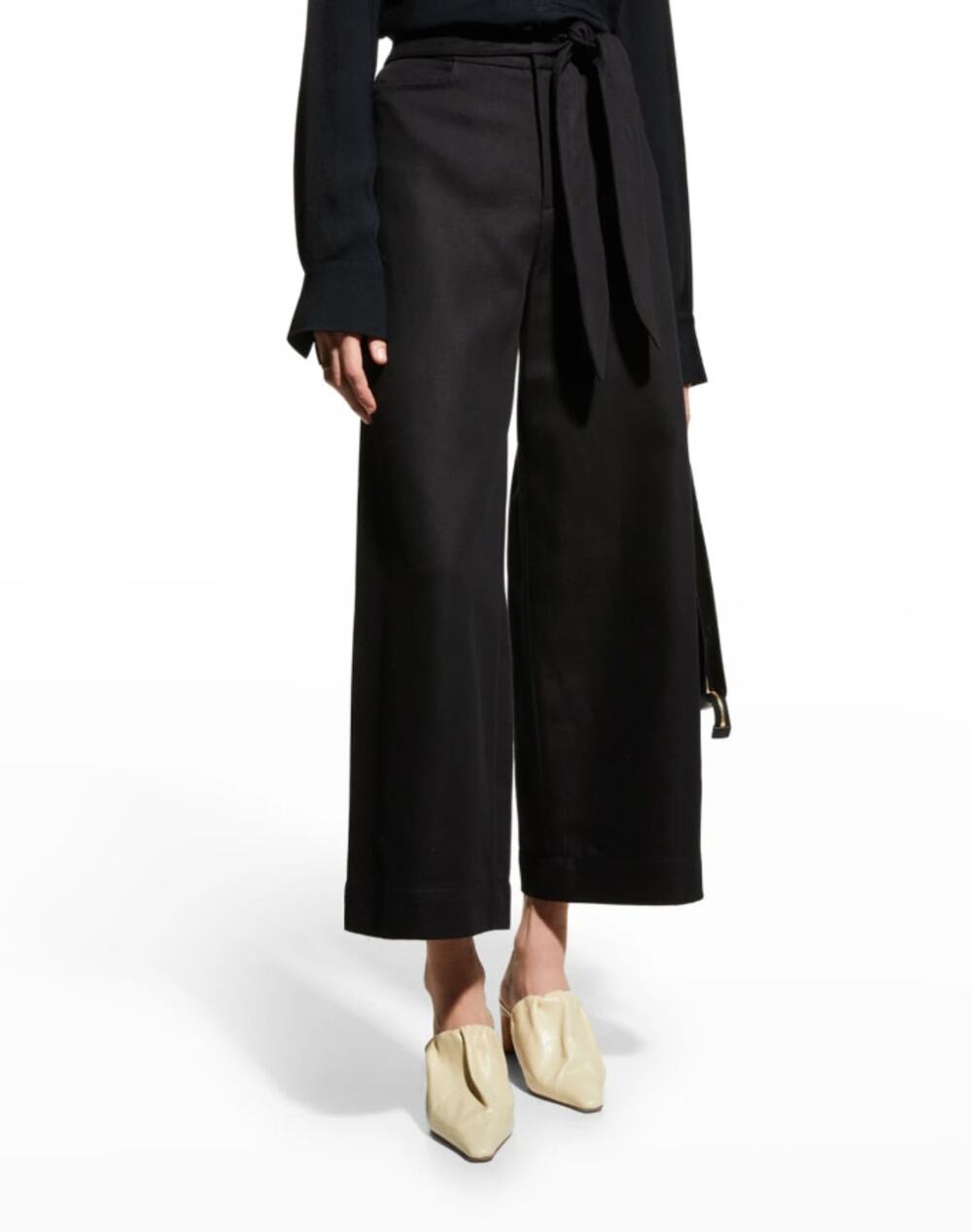 Vince Tie-Front Crop Wide-Leg Pants Womens 4 Black Linen/Cotton High-rise